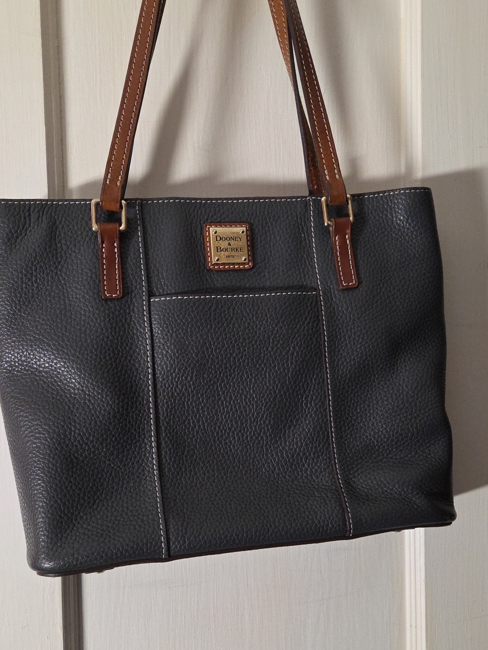 Dooney & Bourke Dark Grey Pebbled Leather Tote with Brown Handles
